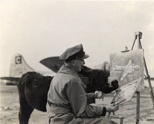 Lady Moe attempts to help an unnamed serviceman paint a B-17